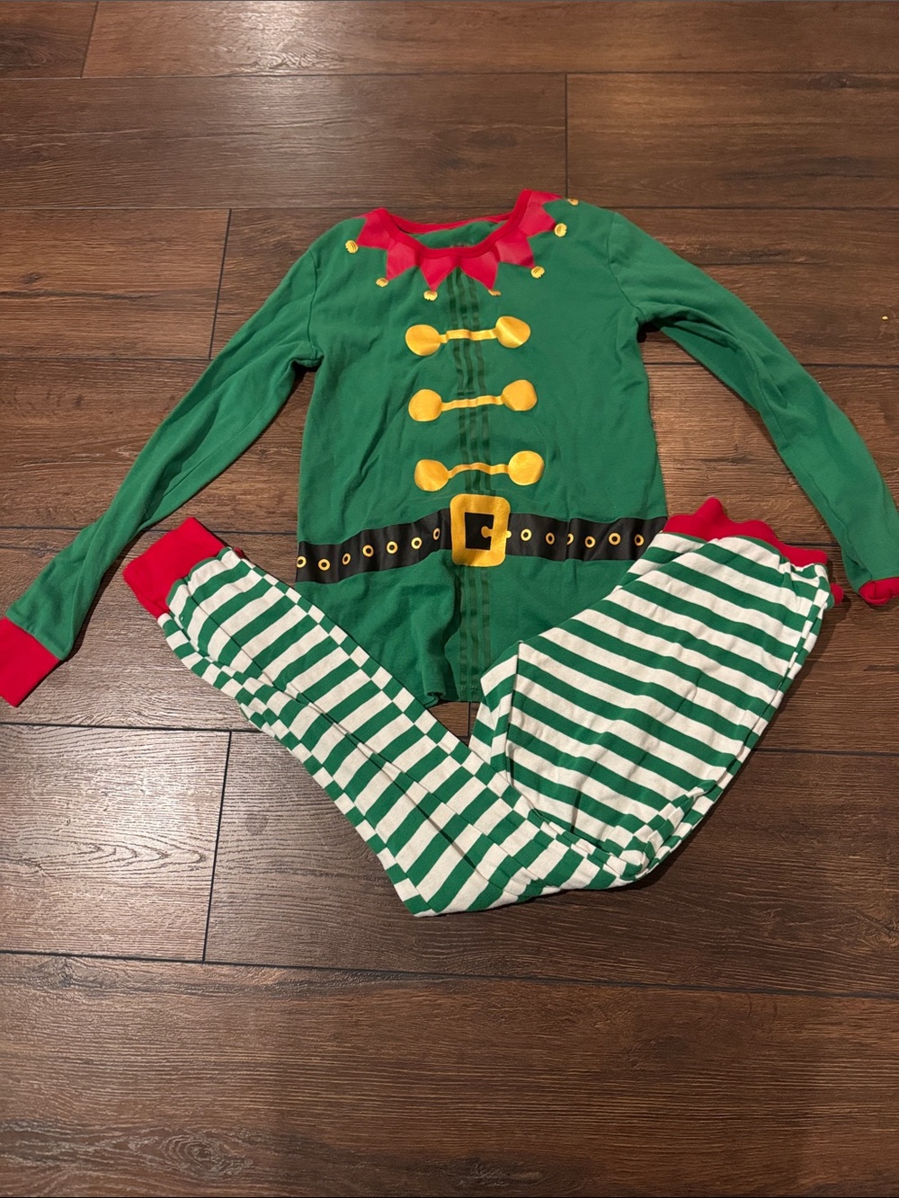 Womens Green Elf Costume Pajama Set with Red & White Stripes size small